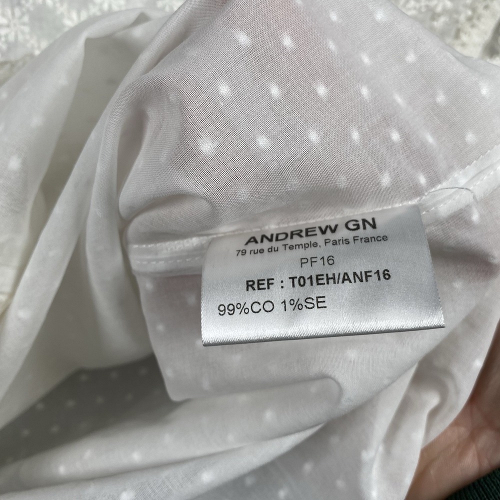 Andrew GN Top Womens Sz 6 FR 38 White Semi Sheer Blouse Lace Cotton Silk France - Picture 6 of 13